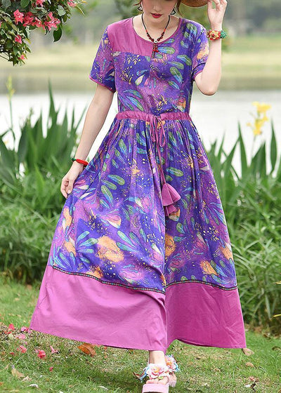 DIY o neck drawstring cotton clothes Women Outfits purple print Robe Dress summer - bagstylebliss
