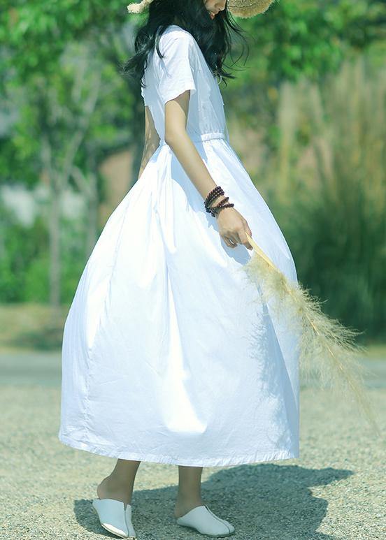 DIY o neck drawstring cotton tunic pattern Sleeve white A Line Dresses summer - bagstylebliss