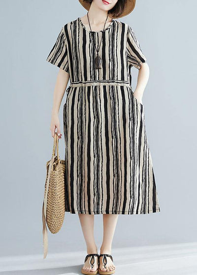 DIY o neck drawstring dress Sewing black striped Dresses summer - bagstylebliss