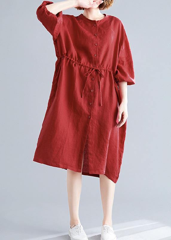 DIY o neck drawstring linen cotton quilting dresses red Shirts Dresses fall - bagstylebliss