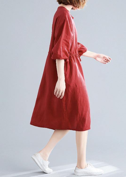 DIY o neck drawstring linen cotton quilting dresses red Shirts Dresses fall - bagstylebliss