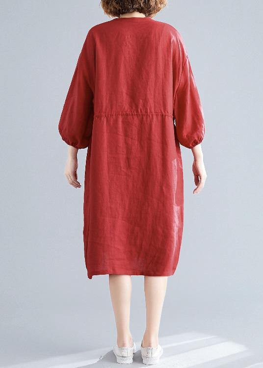 DIY o neck drawstring linen cotton quilting dresses red Shirts Dresses fall - bagstylebliss