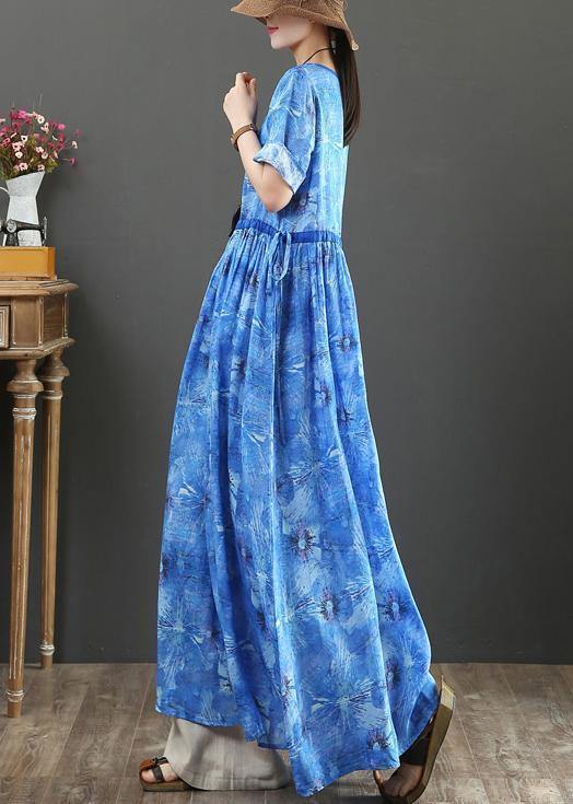 DIY o neck drawstring linen summer Robes Shape blue print Dresses - bagstylebliss