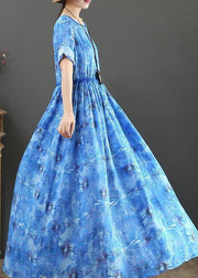 DIY o neck drawstring linen summer Robes Shape blue print Dresses - bagstylebliss