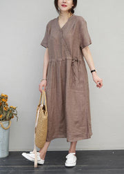 DIY o neck drawstring linen summer Wardrobes Sewing brown Dress - bagstylebliss