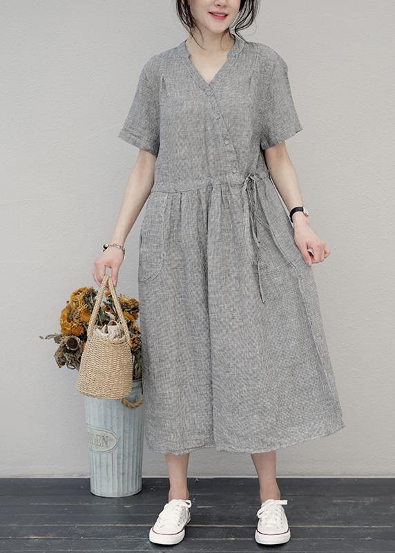 DIY o neck drawstring linen summer Wardrobes Sewing brown Dress - bagstylebliss