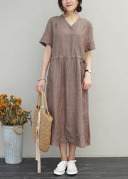 DIY o neck drawstring linen summer Wardrobes Sewing brown Dress - bagstylebliss