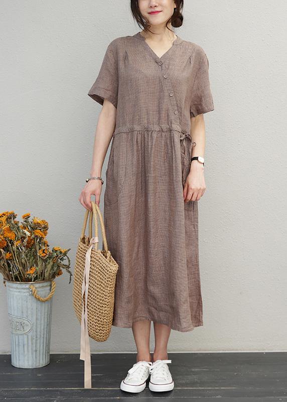 DIY o neck drawstring linen summer Wardrobes Sewing brown Dress - bagstylebliss