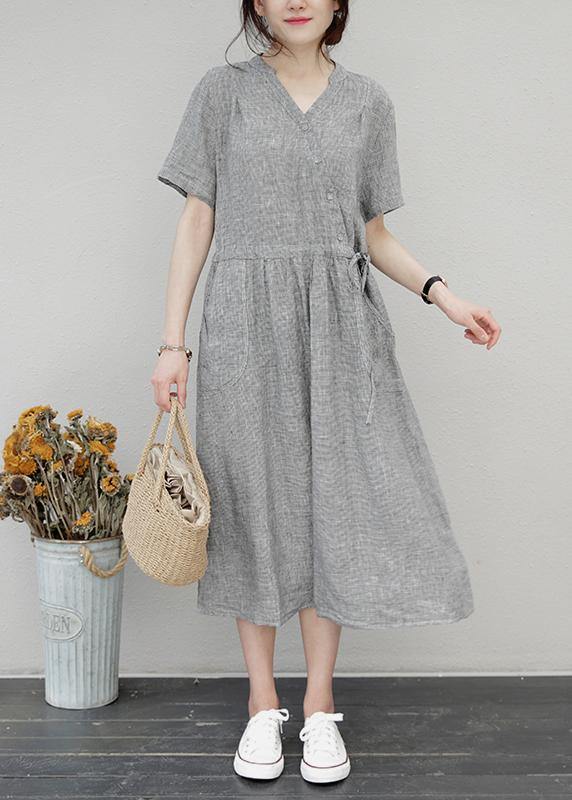 DIY o neck drawstring linen summer Wardrobes Sewing brown Dress - bagstylebliss