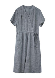 DIY o neck drawstring linen summer Wardrobes Sewing brown Dress - bagstylebliss