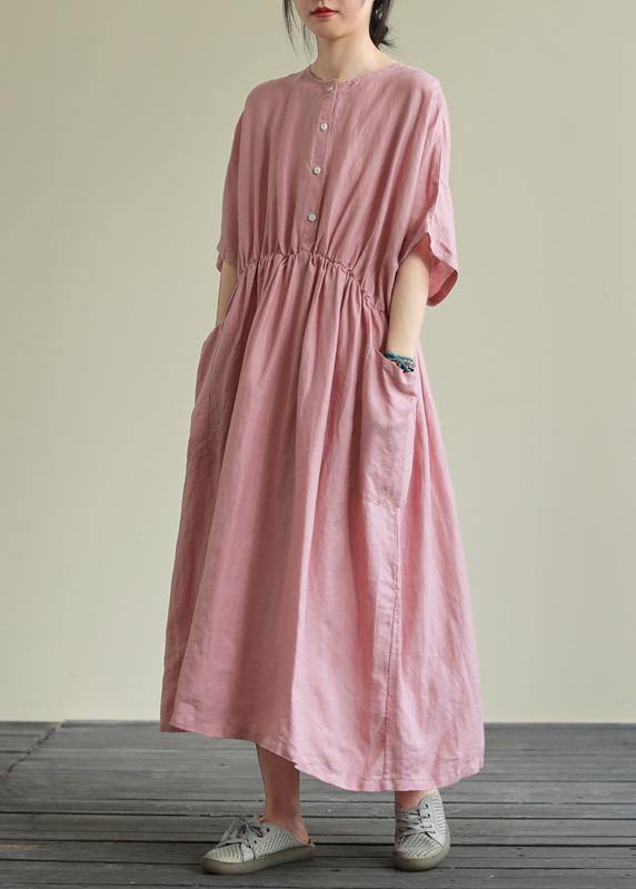 DIY o neck elastic waist linen summer dress Wardrobes pink Dresses - bagstylebliss