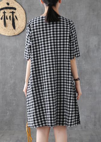 DIY o neck half sleeve cotton linen Wardrobes Outfits black plaid Dresses summer - bagstylebliss