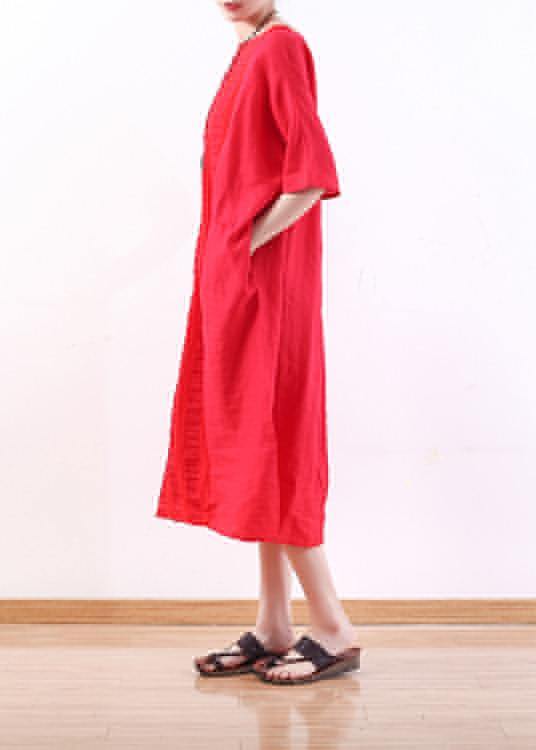 DIY o neck half sleeve linen summer Robes design red Dresses - bagstylebliss