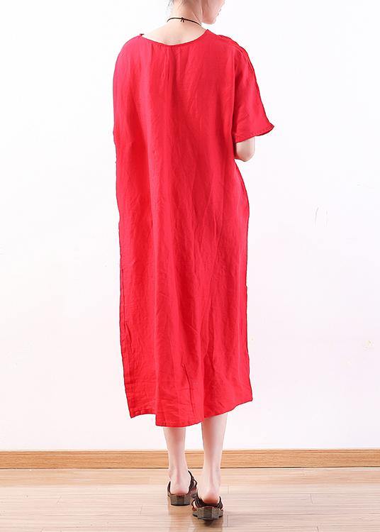 DIY o neck half sleeve linen summer Robes design red Dresses - bagstylebliss