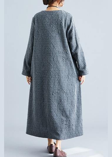 DIY o neck jacquard cotton tunic dress Catwalk gray Maxi Dress fall - bagstylebliss