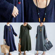 DIY o neck jacquard cotton tunic dress Catwalk gray Maxi Dress fall - bagstylebliss