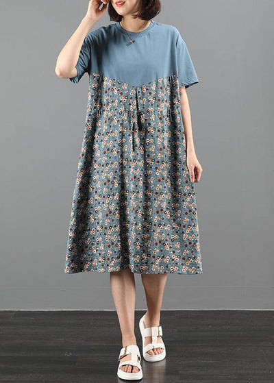 DIY o neck patchwork Wardrobes Neckline blue print Maxi Dresses - bagstylebliss