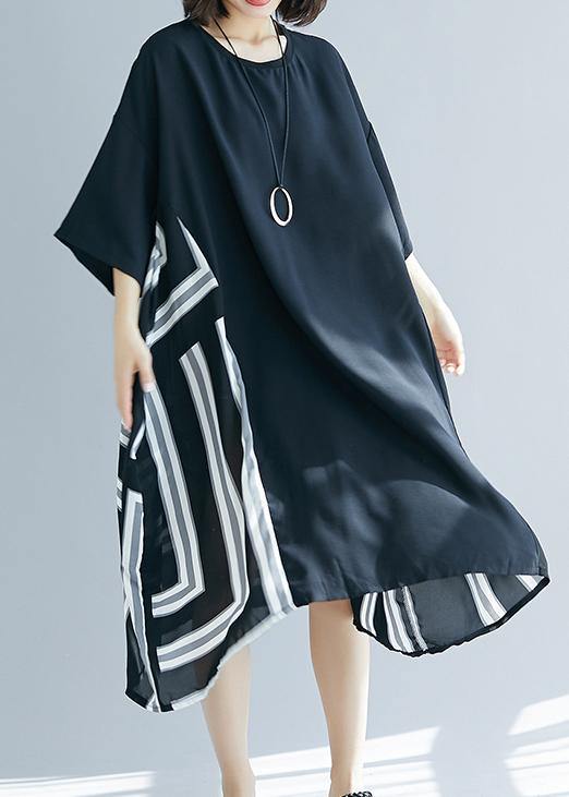 DIY o neck patchwork chiffon Long Shirts Fitted Life black striped Maxi Dresses Summer - bagstylebliss