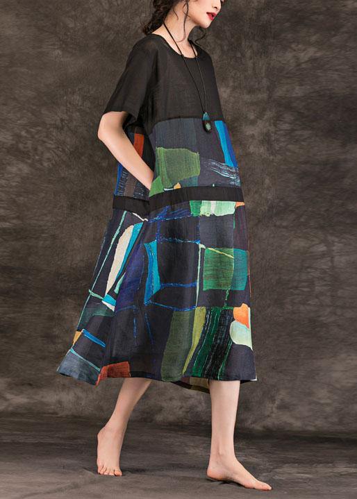 DIY o neck patchwork linen clothes For Women Online Shopping black print Dresses summer - bagstylebliss