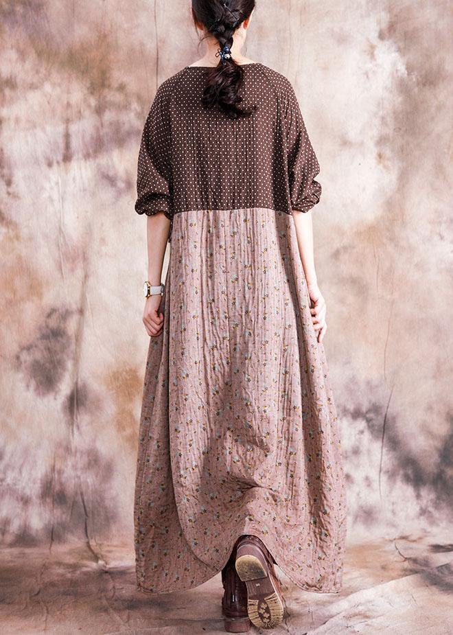 DIY o neck patchwork linen cotton clothes For Women Neckline brown print Dress fall - bagstylebliss