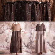 DIY o neck patchwork linen cotton clothes For Women Neckline brown print Dress fall - bagstylebliss