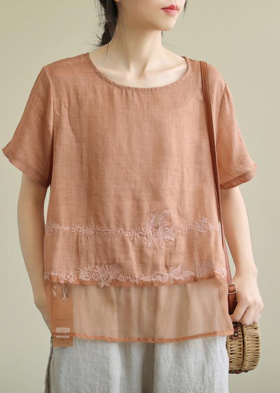 DIY o neck patchwork linen tunic top Tutorials orange embroidery blouses - bagstylebliss