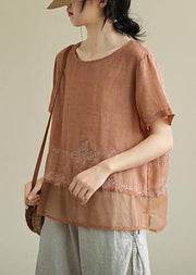 DIY o neck patchwork linen tunic top Tutorials orange embroidery blouses - bagstylebliss