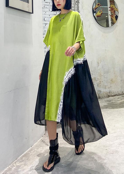 DIY o neck patchwork tulle cotton Neckline green Maxi Dresses - bagstylebliss