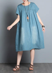 DIY o neck pockets Cotton short Sleeve denim blue Dress summer - bagstylebliss