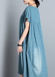 DIY o neck pockets Cotton short Sleeve denim blue Dress summer - bagstylebliss