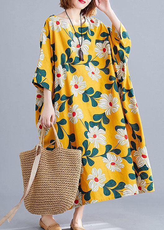 DIY o neck pockets linen cotton dress Tunic Tops yellow print Dresses - bagstylebliss