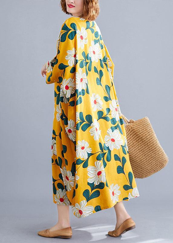 DIY o neck pockets linen cotton dress Tunic Tops yellow print Dresses - bagstylebliss