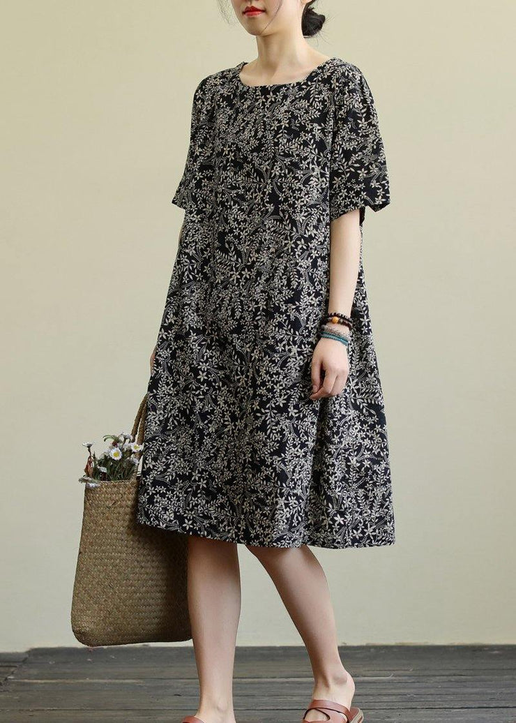 DIY o neck pockets linen summer dress pattern black print Dresses - bagstylebliss