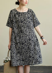 DIY o neck pockets linen summer dress pattern black print Dresses - bagstylebliss