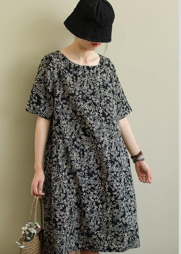 DIY o neck pockets linen summer dress pattern black print Dresses - bagstylebliss