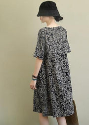 DIY o neck pockets linen summer dress pattern black print Dresses - bagstylebliss