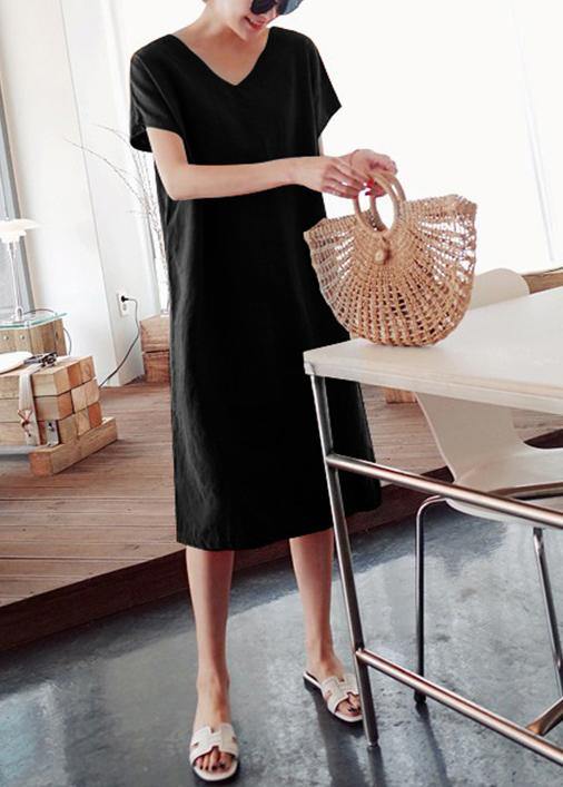 DIY o neck side open Cotton summer Tunics linen black Dress - bagstylebliss