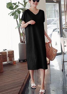 DIY o neck side open Cotton summer Tunics linen black Dress - bagstylebliss