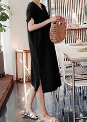 DIY o neck side open Cotton summer Tunics linen black Dress - bagstylebliss