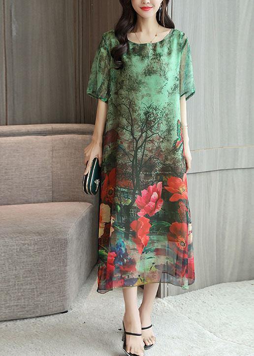 DIY o neck silk Tunics Work Outfits green print loose Dresses summer - bagstylebliss