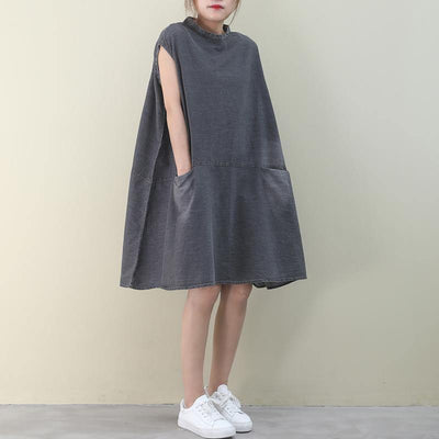 DIY o neck sleeveless Cotton outfit denim gray Dress - bagstylebliss