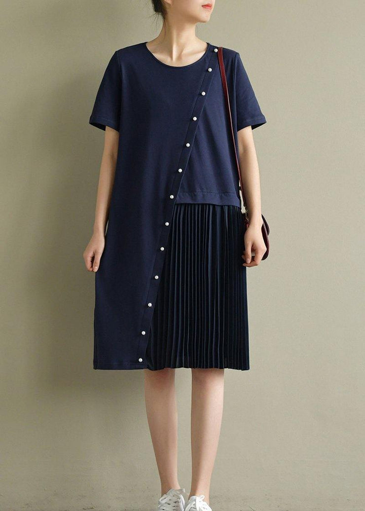 DIY o neck Cinched asymmetric Cotton Tunic Catwalk navy Dresses summer - bagstylebliss
