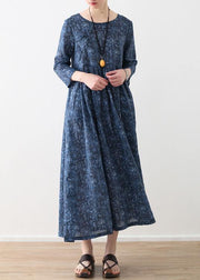 DIY o neck Cinched linen clothes For Women blue print Dress - bagstylebliss