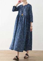 DIY o neck Cinched linen clothes For Women blue print Dress - bagstylebliss