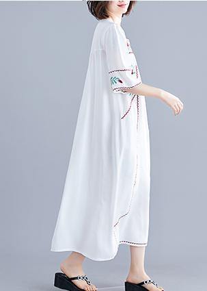 DIY o neck Cinched linen cotton clothes For Women Work white embroidery Dresses summer - bagstylebliss
