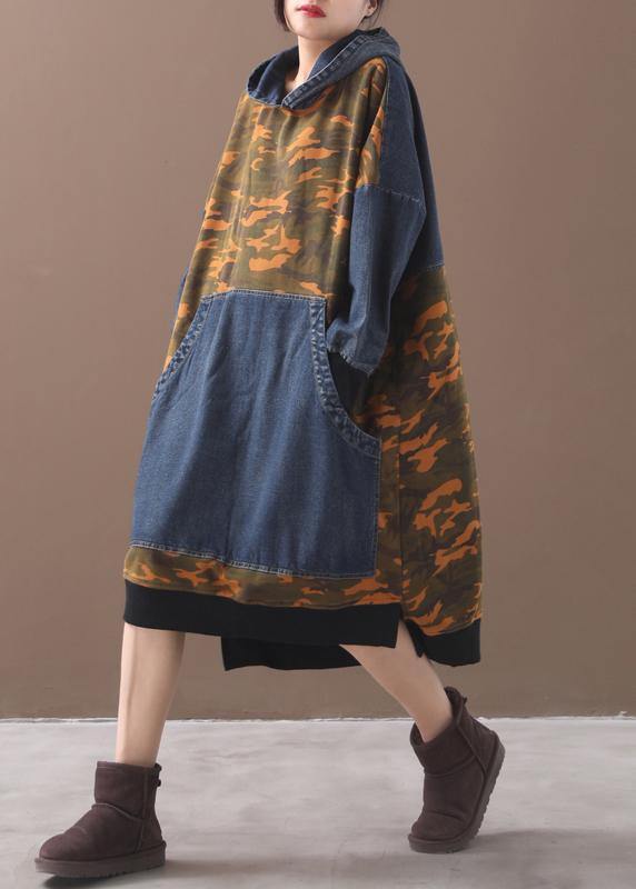 DIY orange Camouflage cotton clothes For Women hooded Maxi patchwork Dresses - bagstylebliss