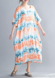 DIY orange print cotton dresses o neck Batwing Sleeve Maxi summer Dress - bagstylebliss