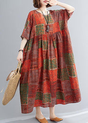 DIY orange red print cotton linen clothes o neck exra large hem cotton robes Dresses - bagstylebliss