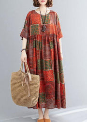 DIY orange red print cotton linen clothes o neck exra large hem cotton robes Dresses - bagstylebliss