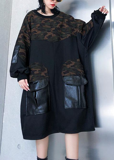 DIY patchwork Cotton big pockets tunics for women Fabrics black o neck Dress - bagstylebliss